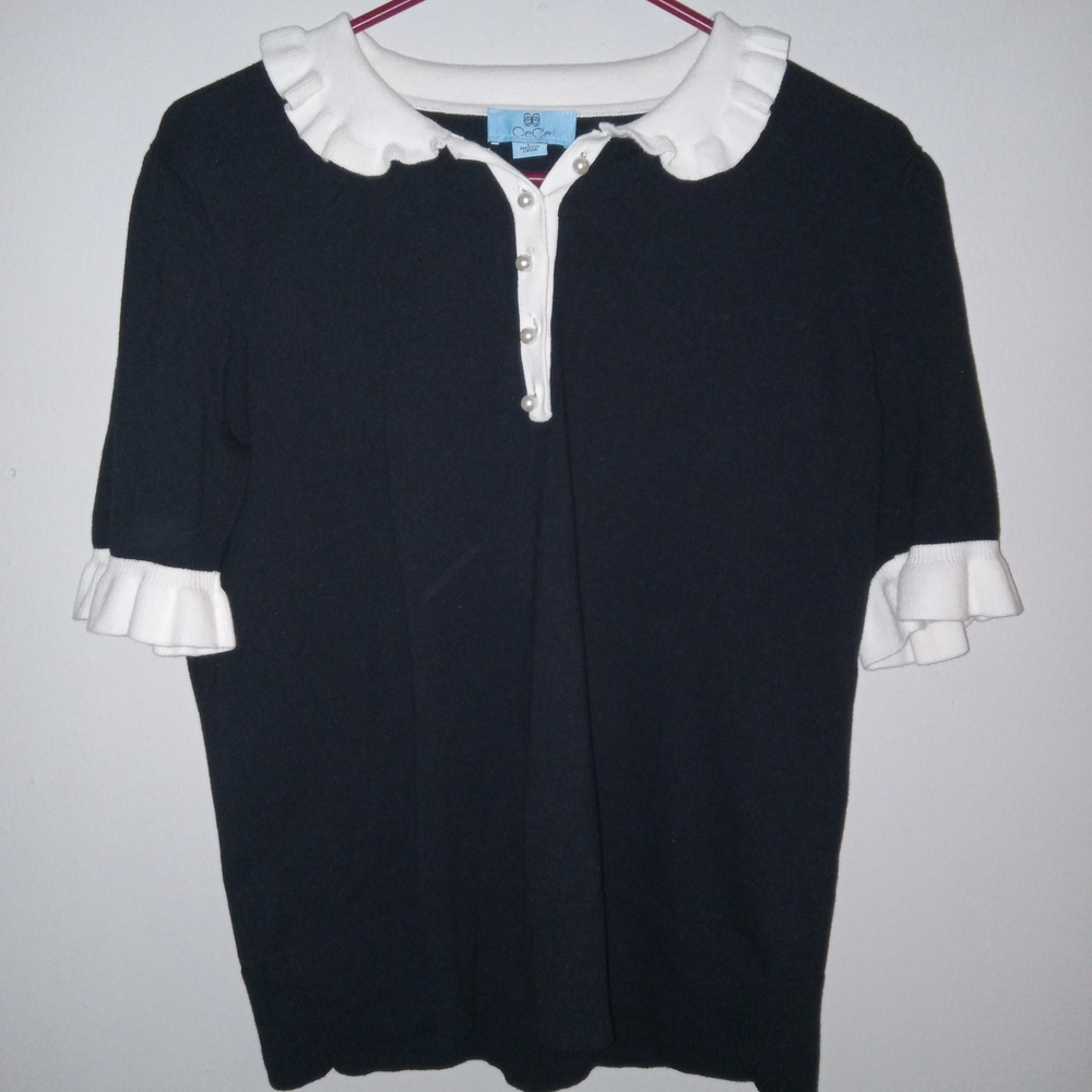 CeCe Black Blouse with White Ruffle Trim